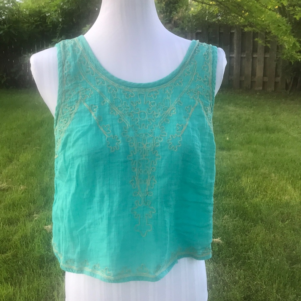 ENVY ME EMBROIDERED OPEN BACK CROP TOP TEAL S